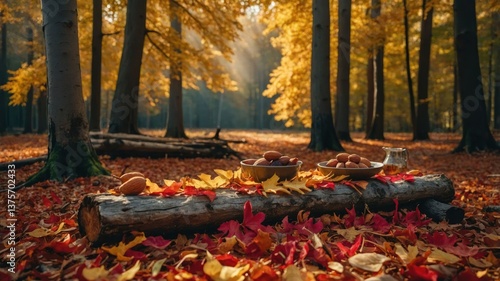 Wallpaper Mural Autumn Forest Still Life with Nuts and Fall Leaves on Log Torontodigital.ca