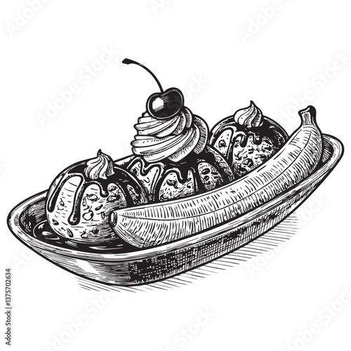 banana split a sweet treat woodcut engraving vector illustration