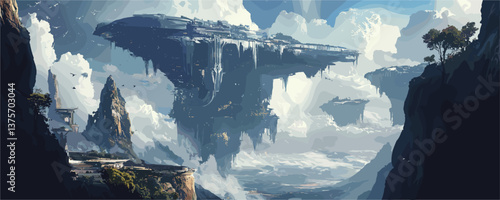 Majestic floating islands amidst clouds in a vast mountainous landscape - vector.