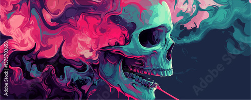 Colorful abstract skull with smoke and fluid patterns in dark background, vector.