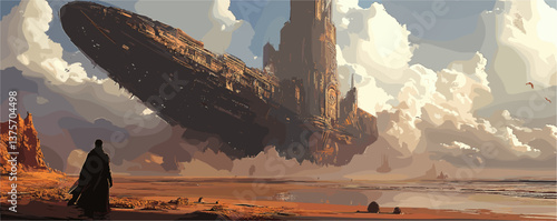 Futuristic floating fortress over desert landscape with silhouette of traveler – vector.