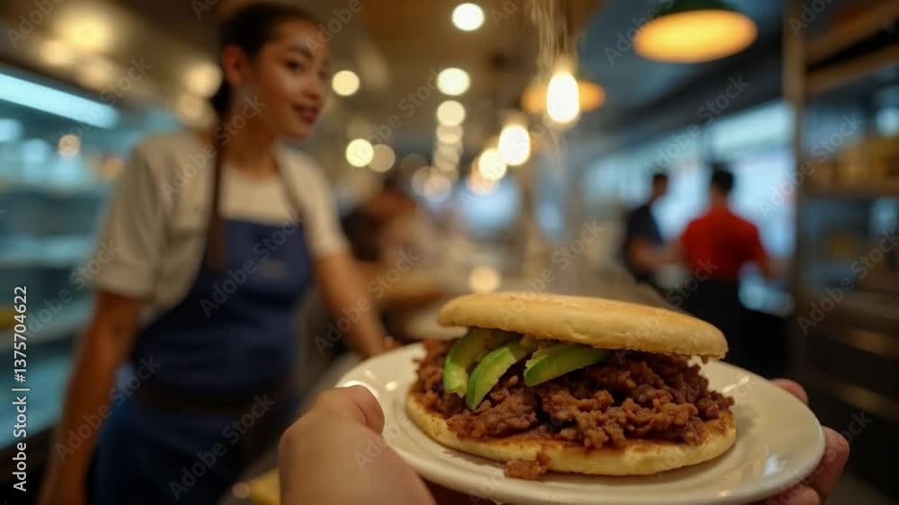 Arepa venezolana rellena de carne y aguacate servida caliente en restaurante de Caracas