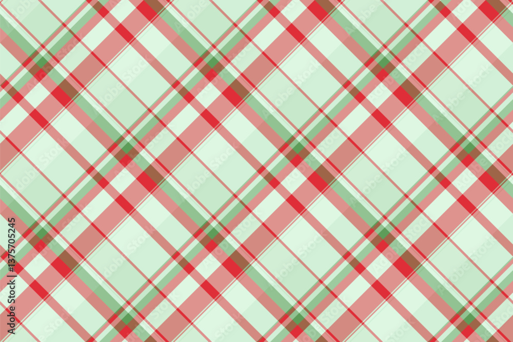 Fototapeta premium Elegant diagonal plaid pattern in soft mint green, coral pink, and red. Ideal for textile design, wrapping paper, or festive backgrounds.