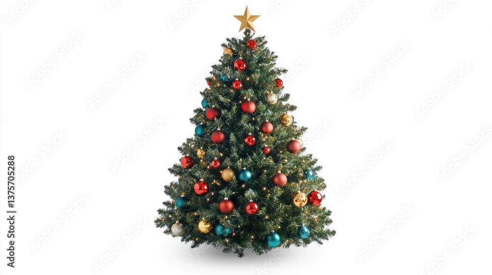 Decorated Christmas tree with red, gold, and teal ornaments and a gold star. Decorated Christmas tree with red, gold, and teal ornaments and a gold star.