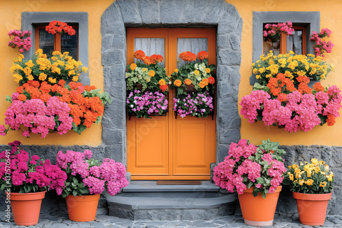 Vibrant Flowers Adorn Orange House Exterior