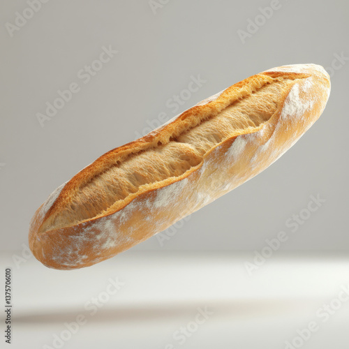 High-resolution product photo of a baguette floating in air, captured with natural light on a white background. Octane render style adds a realistic, clean, and professional visual appeal.