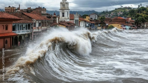 A powerful image capturing large, turbulent waves crashing against buildings in a coastal town, highlighting the raw force of nature and urban vulnerability.