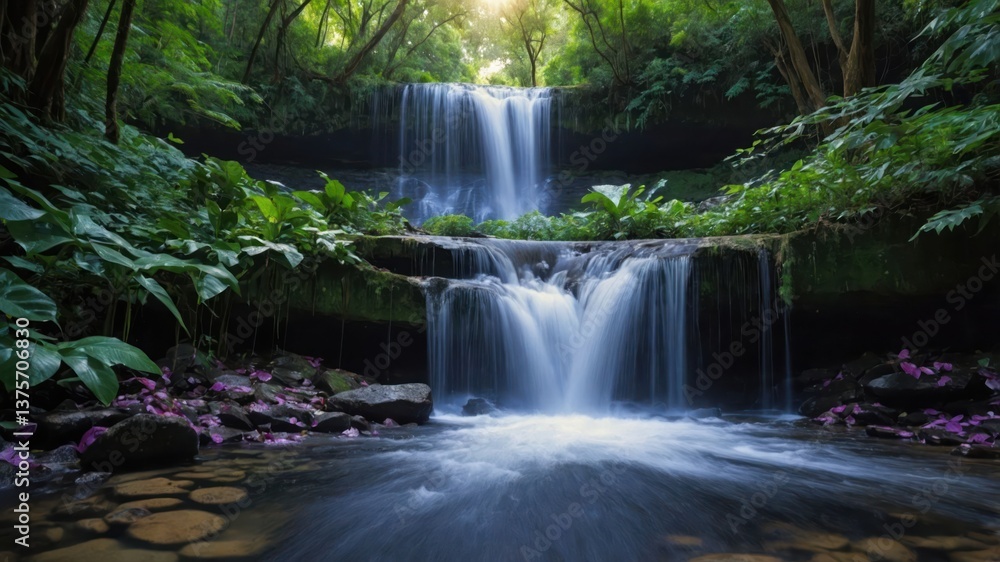 Fototapeta premium Cascading Waterfalls Flowing Through Lush Green Forest with Petals