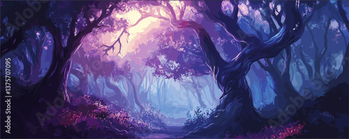 Mystical forest at sunrise with enchanted trees and colorful foliage - vector.
