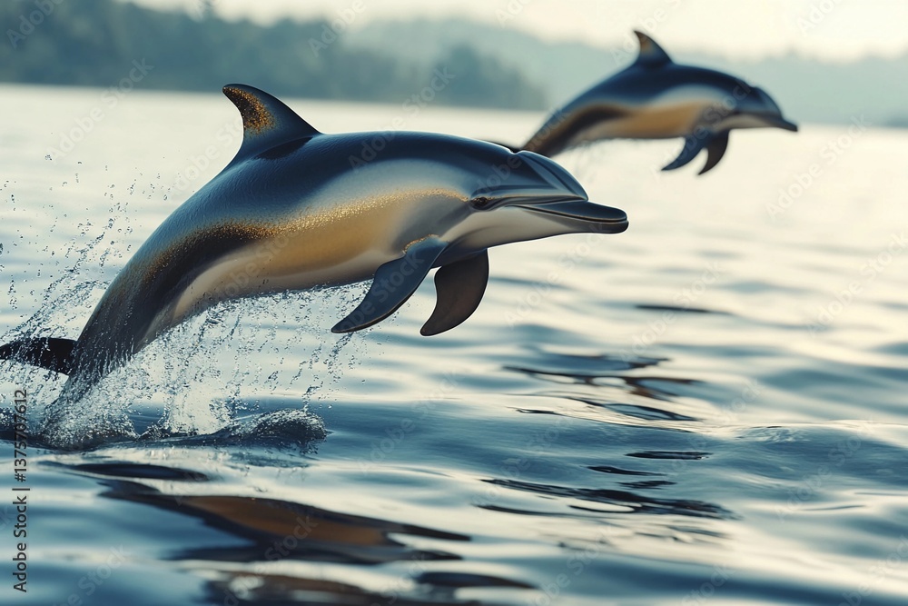 Obraz premium Dolphins Gracefully Leaping From Serene Lake Waters During Golden Hour Glow. Generative AI