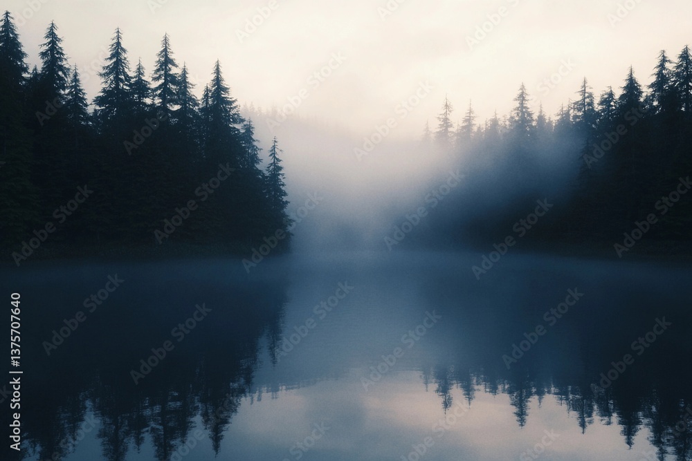 Shrouded in Mist, a Tranquil Lake Reflects Forest Silhouettes at Dawn. Generative AI Shrouded in Mist, a Tranquil Lake Reflects Forest Silhouettes at Dawn. Generative AI