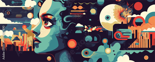 Surreal futuristic female portrait with abstract cosmic cityscape background, vector.