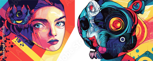 Colorful abstract portraits with psychedelic patterns and surreal faces - vector.