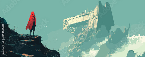 Mysterious figure in red cloak gazing at floating fortress in misty landscape, vector.