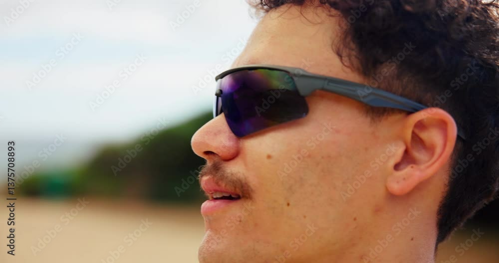 Fitness, sunglasses and face of man in nature ready to start exercise, training and workout for marathon. Sports, eye protection and person with frames for wellness, health and challenge outdoors Fitness, sunglasses and face of man in nature ready to start exercise, training and workout for marathon. Sports, eye protection and person with frames for wellness, health and challenge outdoors