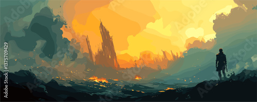 Apocalyptic landscape with lone figure and burning ruins, dramatic sky in background, vector.
