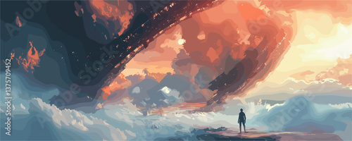 Majestic landscape with silhouetted figure and dramatic sky at sunset vector.