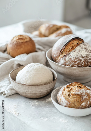 Modern high-resolution image showing various doughs fermenting next to freshly baked bread on a sleek, contemporary table—perfect for culinary, bakery, or food industry visuals.