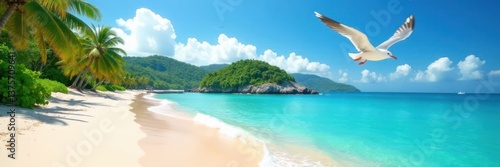Seagulls fly over sandy tropical beach with lush green island and crystal clear waters, tropical, wildlife