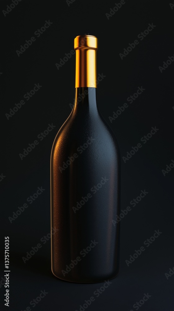 Elegant black wine bottle with a golden cap against a dark background. Elegant black wine bottle with a golden cap against a dark background.