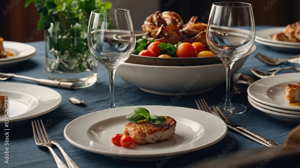 Elegant dining setup featuring grilled chicken, fresh tomatoes, and a vibrant salad in a cozy setting. Elegant dining setup featuring grilled chicken, fresh tomatoes, and a vibrant salad in a cozy setting.