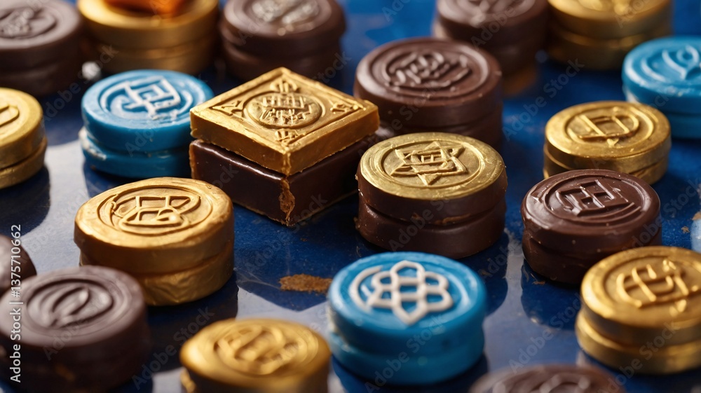 A vibrant display of decorative chocolate coins in various colors and designs, creating an inviting and indulgent atmosphere. A vibrant display of decorative chocolate coins in various colors and designs, creating an inviting and indulgent atmosphere.