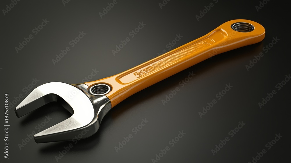 Obraz premium Detailed 3D rendering of a bright yellow adjustable wrench tool for mechanical work and repair tasks