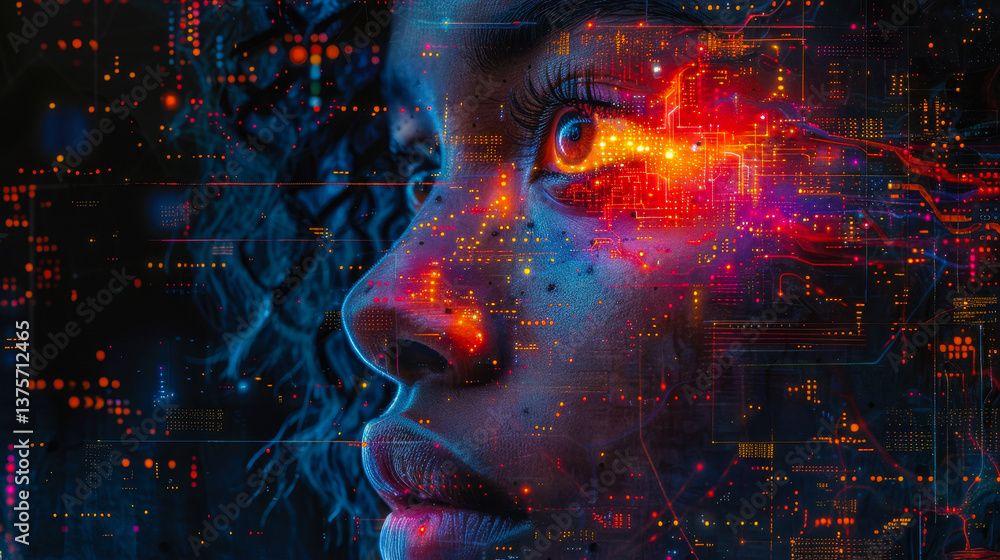 Futuristic Woman with Digital Interface Overlay, Neon Colors, Technology Concept, Artificial Intelligence, Close-up Portrait at Night, Cyber Theme Futuristic Woman with Digital Interface Overlay, Neon Colors, Technology Concept, Artificial Intelligence, Close-up Portrait at Night, Cyber Theme