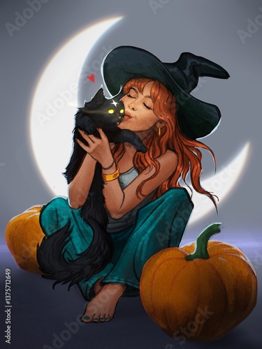 A modern witch with her black cat and pumpkins, cute and fun halloween illustration of a redhead girl with a pointed hat and her magic cat