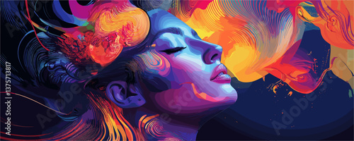 Colorful abstract portrait of a woman with flowing hair, dreamlike art, vector.