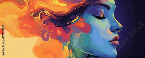 Vibrant colorful artistic portrait of a woman's face with flowing hair, abstract art vector.