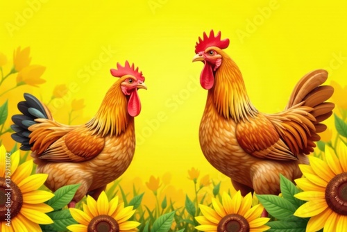 Vector chickens isolated against bright yellow sunflowers, silhouettes, chickens