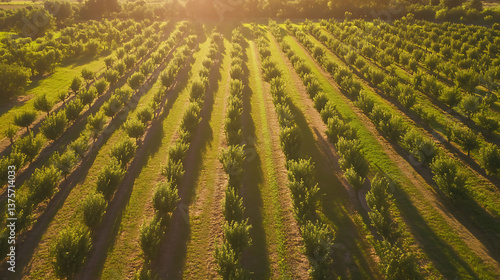 Aerial View of a Lush Orchard at Sunset Rows of Trees in Golden Light