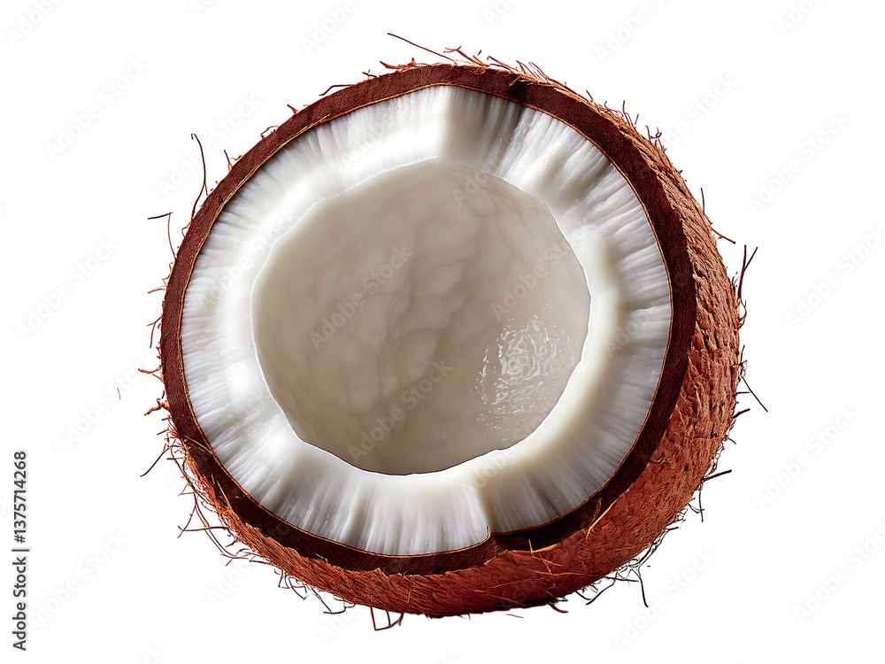 A pristine half coconut, showcasing its creamy white flesh and textured brown husk. Perfect for food blogs, tropical-themed designs, or healthy lifestyle content. A pristine half coconut, showcasing its creamy white flesh and textured brown husk. Perfect for food blogs, tropical-themed designs, or healthy lifestyle content.