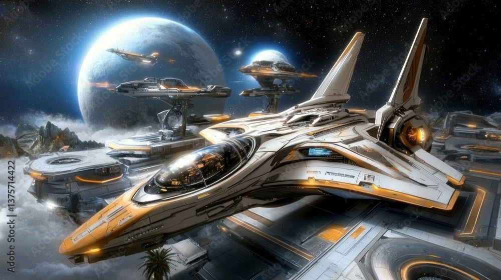 Fototapeta premium Advanced Spacecraft Docked at Futuristic Space Station Among Stars and Planets