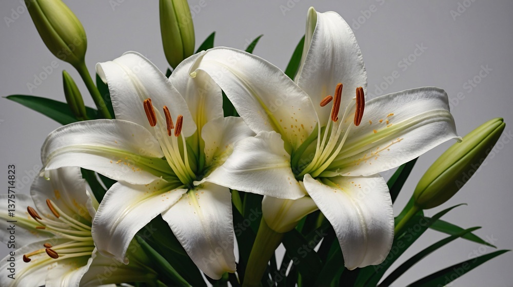 Fototapeta premium Stunning white lilies in full bloom with lush green leaves, exuding elegance and tranquility.