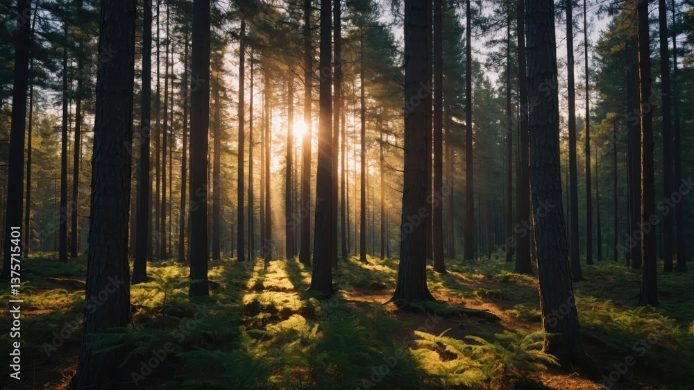 Sunlight Streaming Through Forest Trees Creating Warm Golden Light Sunlight Streaming Through Forest Trees Creating Warm Golden Light
