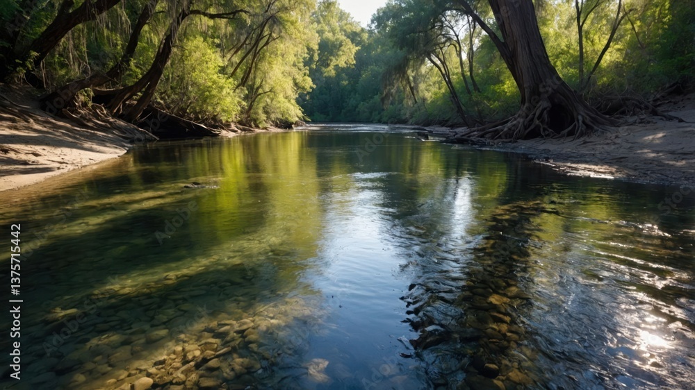 River flowing through lush green trees in a tranquil forest River flowing through lush green trees in a tranquil forest