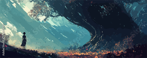 Mysterious forest encounter with massive tree and lone silhouette - vector.