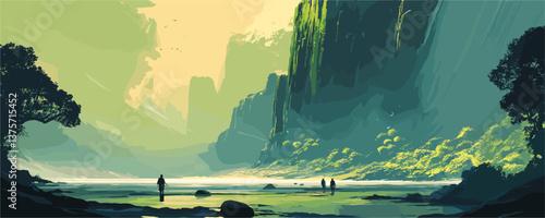 Tranquil coastal landscape with cliffs and figures at sunrise, vector.
