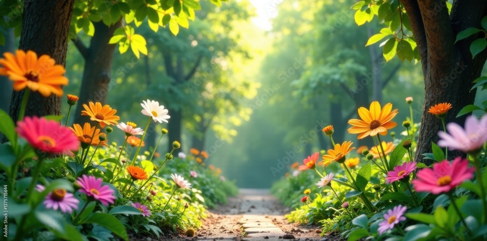 Obraz premium Whimsical garden scene with oversized flowers and greenery, botanical, greenery, whimsical