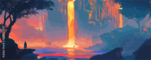 Vibrant sunset waterfall scene with silhouetted figures in colorful landscape - vector.