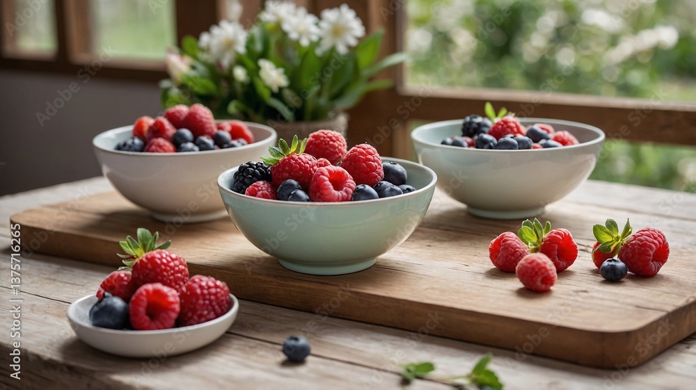 Fresh assorted berries in beautiful bowls, creating a vibrant and inviting display perfect for summer gatherings. Fresh assorted berries in beautiful bowls, creating a vibrant and inviting display perfect for summer gatherings.