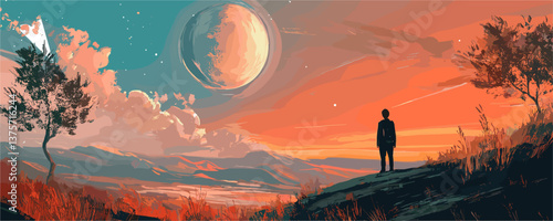 Person gazing at surreal landscape with moon and stars at sunset – vector.