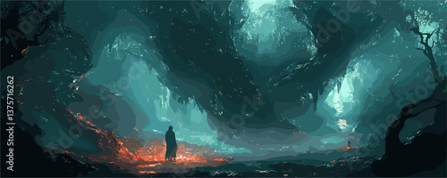 Enigmatic figure in mystical forest with vibrant colors and shadows - vector.