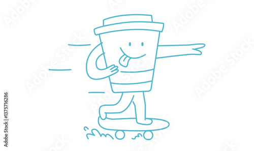 Vector hand graphics of takeaway cup of coffee riding a skateboard for design, branding, posters, illustration, banners, prints. Character, Emblem, Mascot