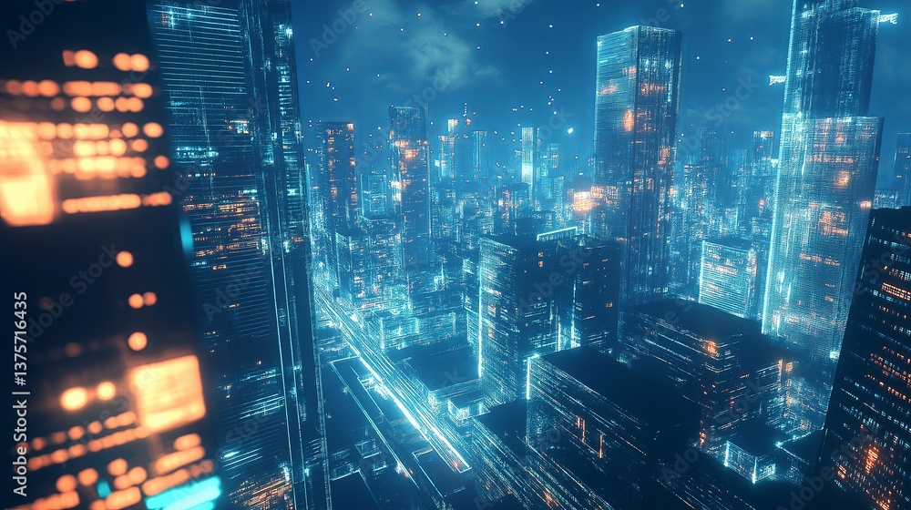 A high-tech futuristic city where buildings glow with holographic lights A high-tech futuristic city where buildings glow with holographic lights