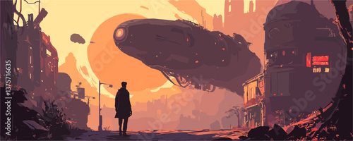 Futuristic urban scene with silhouette and massive spaceship at sunset - vector.