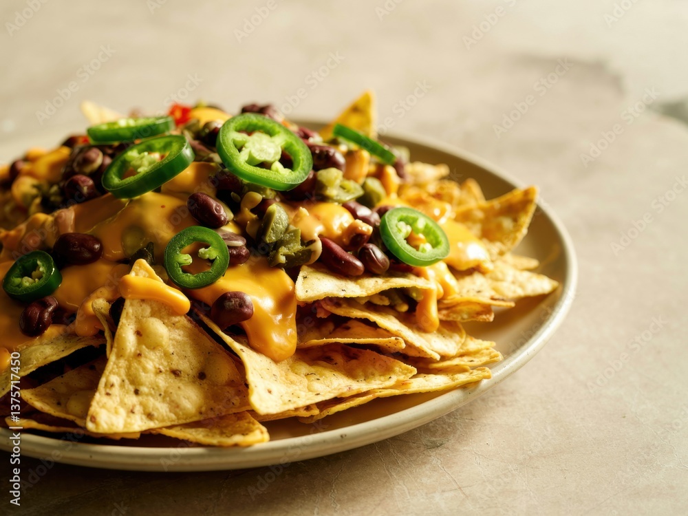 Deliciously loaded nachos with cheese, beans, and jalapenos on a beige plate in natural light Deliciously loaded nachos with cheese, beans, and jalapenos on a beige plate in natural light