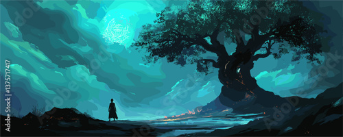 Enchanted landscape with silhouette and glowing tree under moonlit sky - vector.